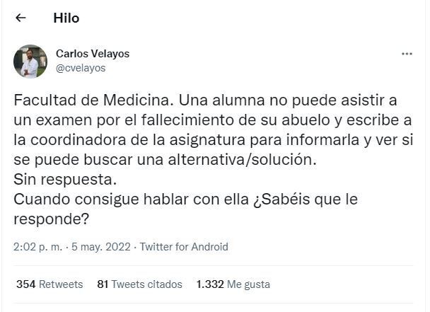 El tuit que ha publicado Carlos Velayos contando el caso.
