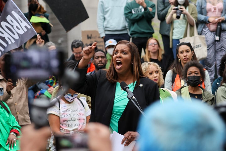 New York Attorney General Letitia James speaks before thousands of protesters at New York City's Foley Square on Tuesday.