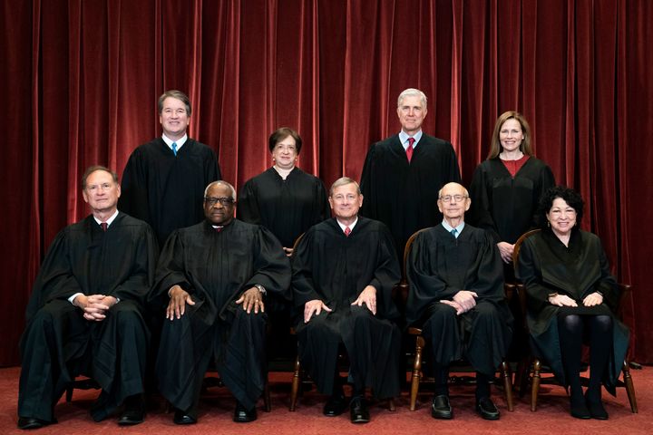 Members of the Supreme Court pose for a group photo at the Supreme Court in Washington, April 23, 2021. Seated from left are Associate Justice Samuel Alito, Associate Justice Clarence Thomas, Chief Justice John Roberts, Associate Justice Stephen Breyer and Associate Justice Sonia Sotomayor, Standing from left are Associate Justice Brett Kavanaugh, Associate Justice Elena Kagan, Associate Justice Neil Gorsuch and Associate Justice Amy Coney Barrett. (Erin Schaff/The New York Times via AP, Pool)