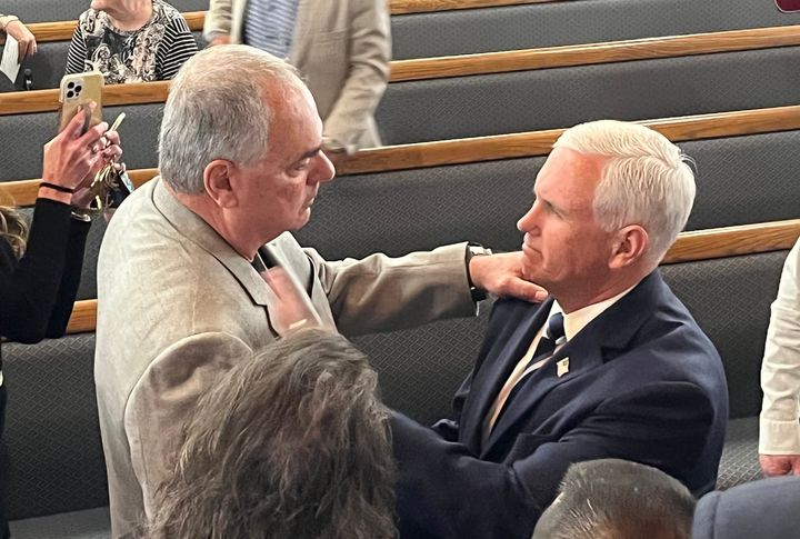 Former Vice President Mike Pence speaks with congregants at Lakewood Baptist Church in Rock Hill, South Carolina, on Thursday after speaking at the National Day of Prayer service.
