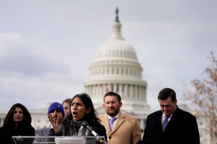 Krish O'Mara Wignaraja, president and CEO of the Lutheran Immigration and Refugee Service, speaks during a press conference urging members of Congress to pass the Afghan Adjustment Act, in Washington on February 14.