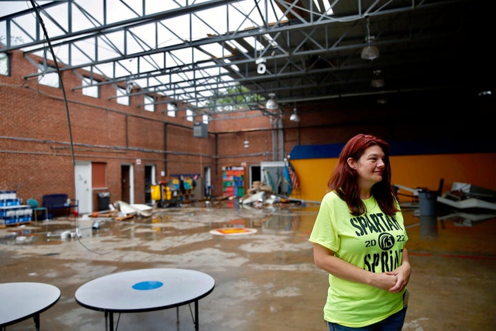 Tiffani Coker rode out the storm in the restored gun vault with her family and school janitor at the school in Seminole, Okla. on Thursday, May, 5, 2022. A springtime storm system spawned several tornadoes that whipped through areas of Texas and Oklahoma, causing damage to a school, a marijuana farm and other structures. (Sarah Phipps/The Oklahoman via AP)