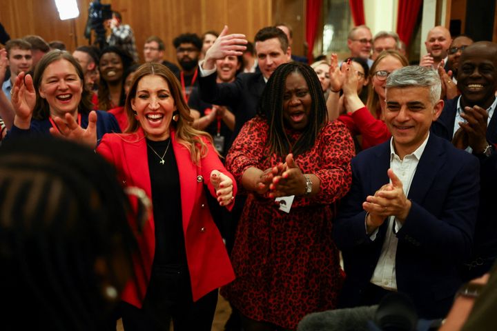 London mayor Sadiq Khan and Labour party MP Rosena Allin-Khan celebrate a win announcement amidst the counting process during local elections at Wandsworth Town Hall.