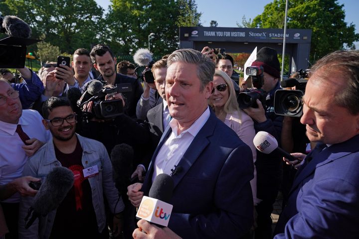 Keir Starmer speaks to supporters outside StoneX Stadium in Barnet, London after the party's victory there.