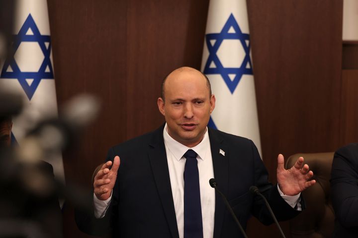 Israeli Prime Minister Naftali Bennett speaks during a weekly cabinet meeting in Jerusalem on Sunday, May 1, 2022. 