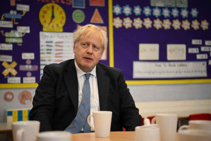 Boris Johnson during a visit at the Field End Infant school, in South Ruislip, following the local government elections. 