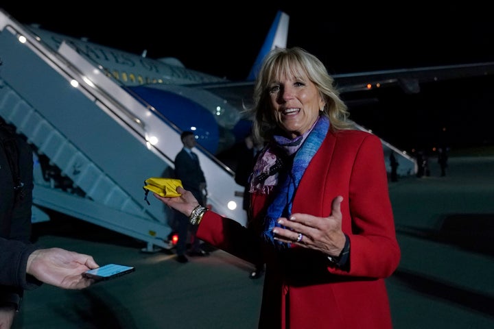 First lady Jill Biden talks to reporters before boarding a plane at Andrews Air Force Base, Maryland, on May 5, 2022, as she heads to Romania and Slovakia.