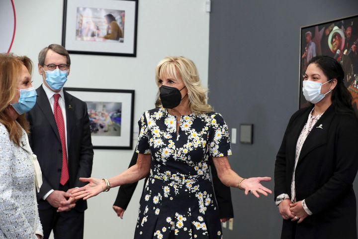 First lady Jill Biden visits the St. Jude Children's Research Hospital, on March 25, 2022, in Memphis, Tenn. A second group of Ukrainian children with cancer arrived for treatment after they fled with their families from the war in their home country, the hospital said.