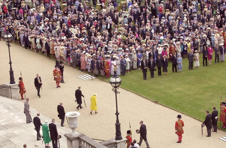 The queen, Prince Philip, Prince Charles and Prince Michael of Kent pictured at a garden party at Buckingham Palace.