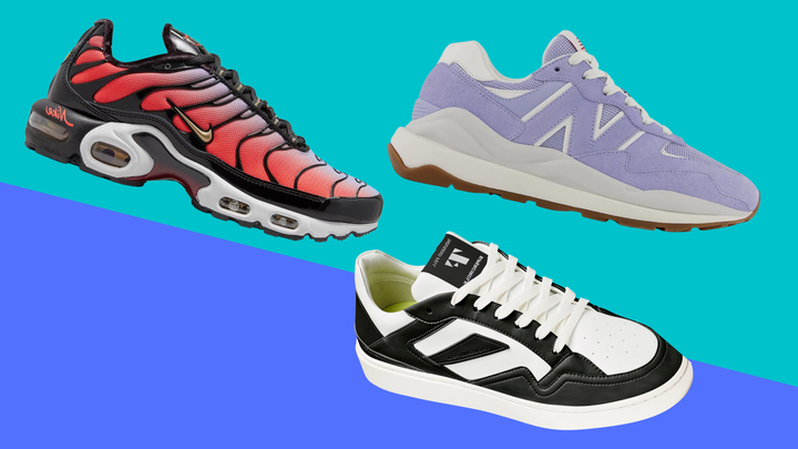 Clockwise from left: Nike Air Max Plus sneakers, New Balance sneakers and Thousand Fell sneakers.