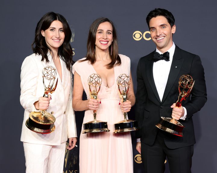 "Hacks" co-creators and showrunners Jen Statsky, Lucia Aniello and Paul Downs at the 2021 Emmys, where the trio won the Emmy for Outstanding Writing for a Comedy Series, and Aniello won the Emmy for Outstanding Directing for a Comedy Series.