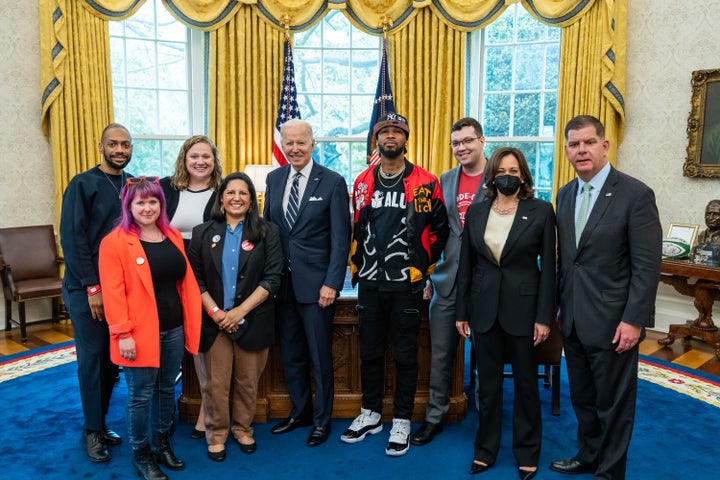 President Joe Biden and Vice President Kamala Harris meet with Labor Secretary Marty Walsh and labor activists on Thursday in the Oval Office.