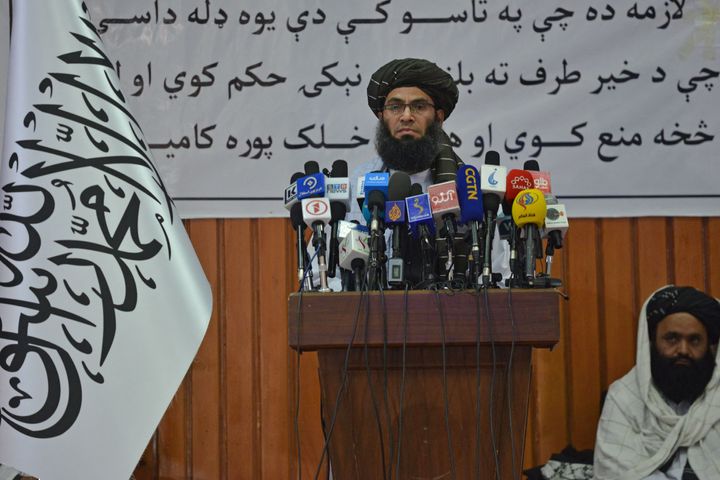 Taliban minister for Promotion of Virtue and Prevention of Vice Mohammad Khalid Hanafi (C) speaks during a ceremony to announce the decree for Afghan women's dress code in Kabul on May 7, 2022.