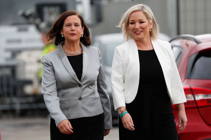 Sinn Fein leader Mary Lou McDonald, left, and Deputy leader Michelle O'Neill arrive at the election count centre in Belfast, Northern Ireland.