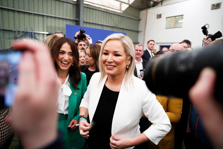 Michelle O'Neill, celebrates with party colleagues in Northern Ireland, Friday, May, 6, 2022.