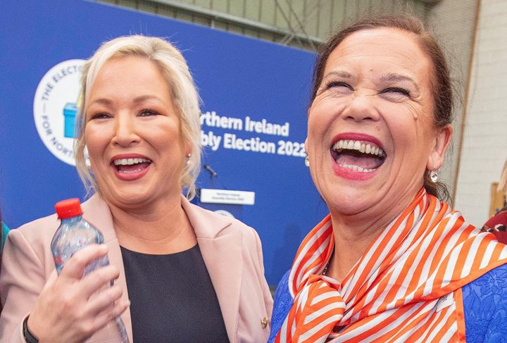 Michelle O'Neill reacts with party leader Mary Lou McDonald, after the count at the Magherafelt Meadowbank sports centre in Magherafelt, Co Londonderry.