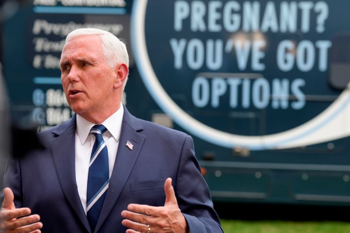 Former Vice President Mike Pence speaks to reporters after touring a mobile ultrasound unit on May 5 in Spartanburg, South Carolina. Pence made his second trip to the state in less than a week to headline a fundraiser for a "crisis" pregnancy center in early-voting South Carolina as he continues to mull a possible 2024 presidential bid.