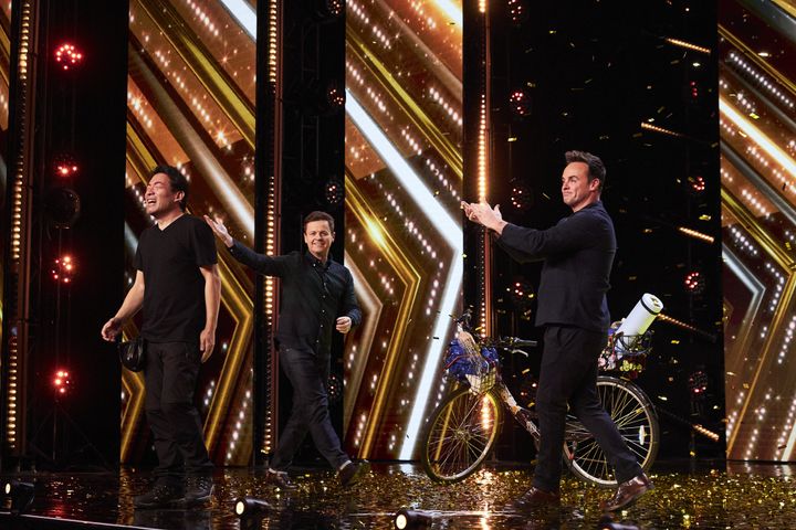 Keiichi celebrating his Golden Buzzer win thanks to Ant and Dec