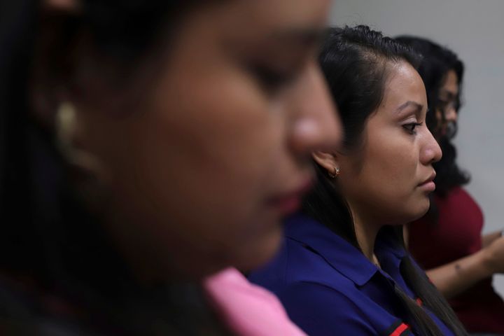 Evelyn Beatriz Hernandez sits in court during her second trial, after her 30-year sentence for murder was overturned in February, in Ciudad Delgado on the outskirts of San Salvador, El Salvador, Monday, July 15, 2019. The young woman who was prosecuted under the country's highly restrictive abortion laws after birthing a baby into a pit latrine says she had no idea she was pregnant, as a result of a rape. (AP Photo/Salvador Melendez. File)