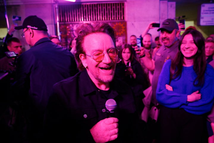 U2 rock band frontman Bono sings during a performance for Ukrainian people inside a subway station, as Russia's attack on Ukraine continues, in Kyiv, Ukraine May 8, 2022. REUTERS/Valentyn Ogirenko