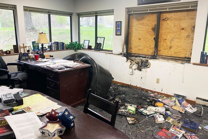 Damage is seen in the interior of Madison's Wisconsin Family Action headquarters in Madison, Wis., on May 8, 2022. 