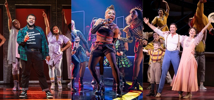 This combination of three separate photos shows, from left, James Jackson, Jr., Jaquel Spivey, L. Morgan Lee during a performance of "A Strange Loop, " Brittney Mack during a performance of "Six," and Hugh Jackman and Sutton Foster during a production of "The Music Man."
