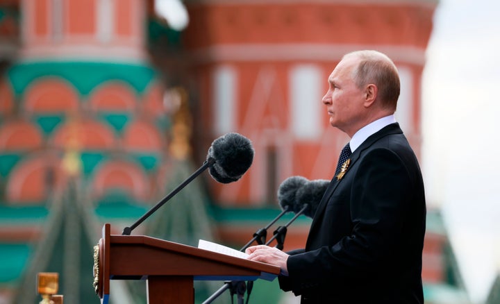 Russian President Vladimir Putin delivers his speech during the Victory Day military parade marking the 77th anniversary of the end of World War II in Moscow, Russia, on May 9, 2022.