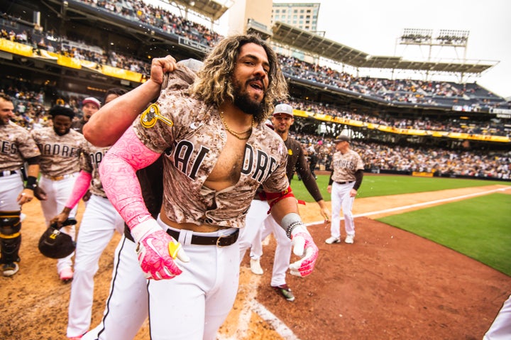 Jorge Alfaro of the San Diego Padres celebrates after hitting a walk-off home run in the ninth inning against the Miami Marlins on May 8 at Petco Park in San Diego, California.