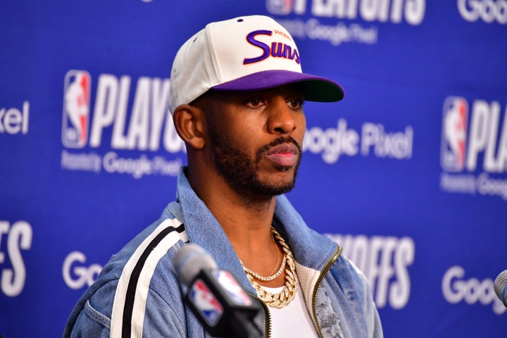 Chris Paul talks to the media after the May 4 game against the Dallas Mavericks in Phoenix.