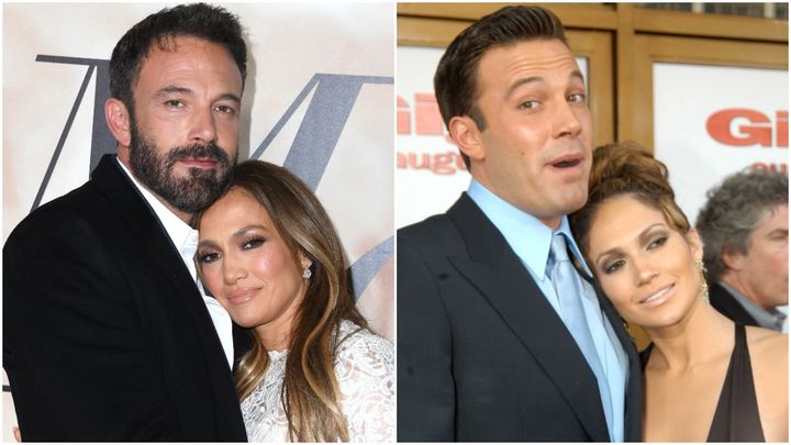 Ben Affleck and Jennifer Lopez in 2022 (left) and 2003.