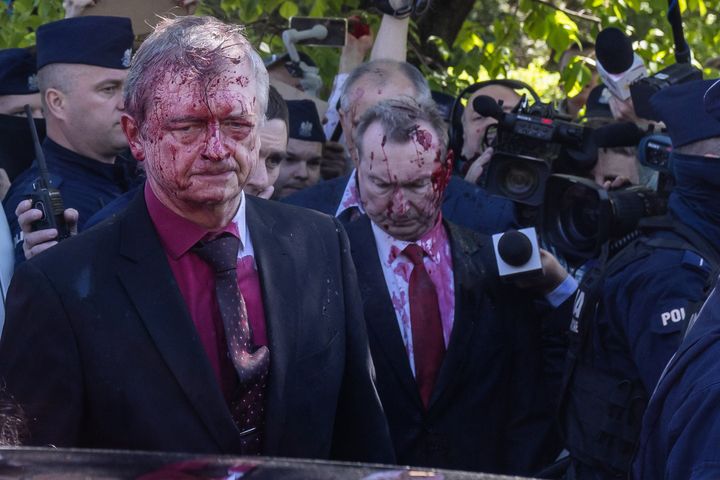 Russian Ambassador to Poland Sergey Andreev was doused with red paint in Warsaw during a wreath-laying ceremony at the Soviet soldier war mausoleum marking the 77th anniversary of the 1945 Soviet victory against Nazi Germany.