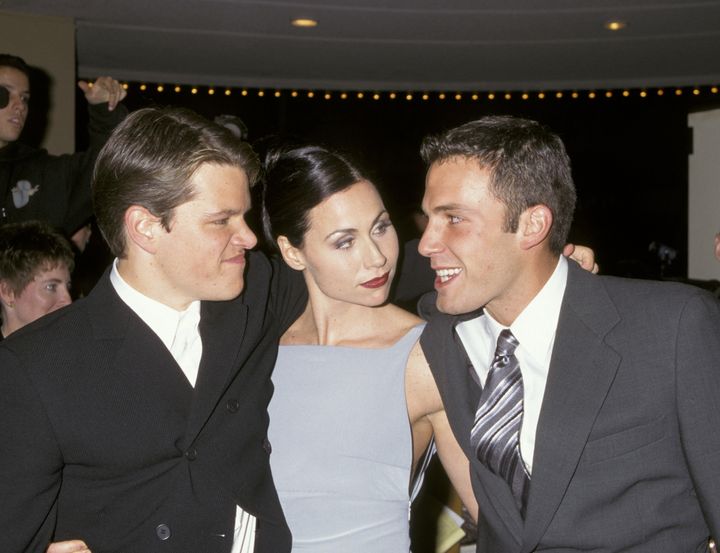 Matt Damon, Minnie Driver and Ben Affleck at the premiere of "Goodwill hunting" in Westwood, California.