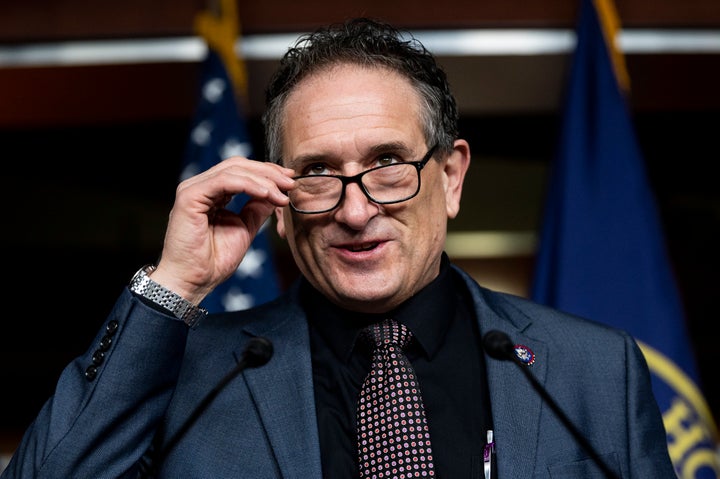 Rep. Andy Levin (D-Mich.) holds a news conference about recognizing congressional workers' right to organize on Feb. 9, 2022.