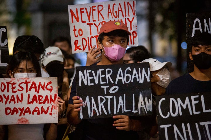 Anti-Marcos and Duterte protesters hold a vigil in Liwasan Bonifacio Park on May 10, 2022 in Manila, Philippines.