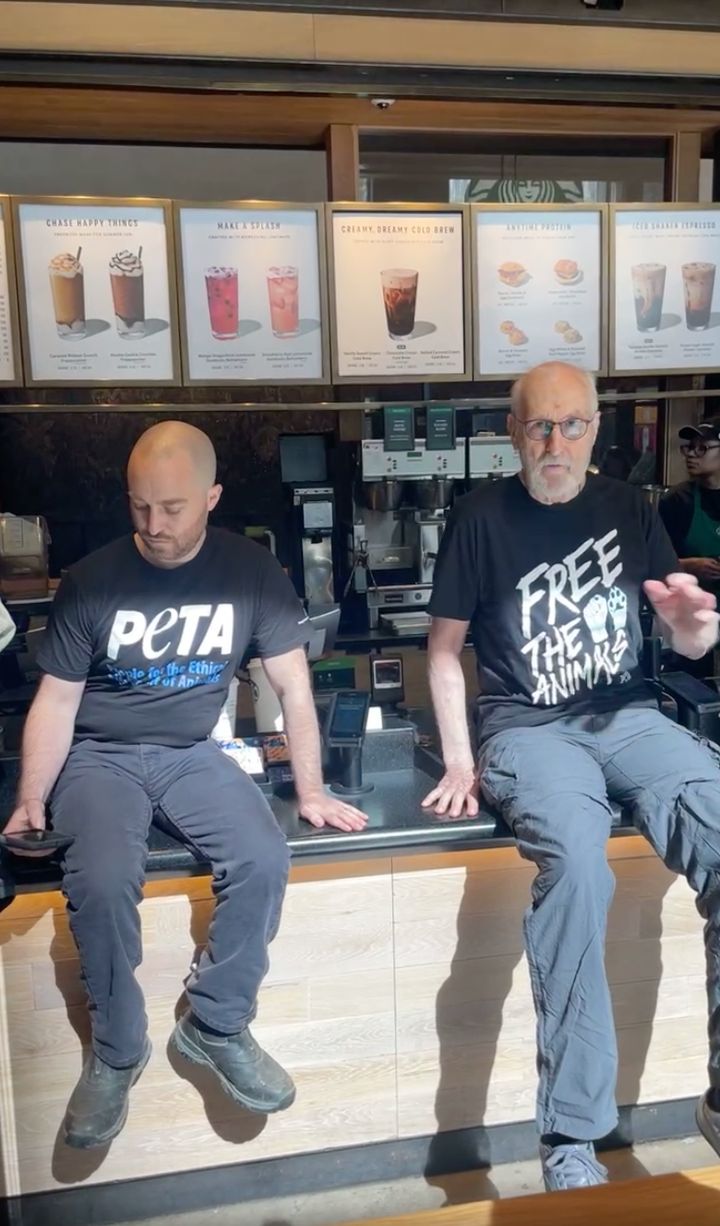 James Cromwell and another PETA activist superglued their hands to the counter of a Starbucks in Manhattan.