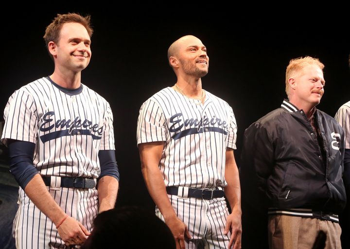 Jesse Williams (centre) with co-stars Patrick J Adams and Jesse Tyler Ferguson during the opening night of Take Me Out