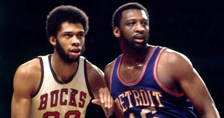 Bob Lanier, right, jostling for position against Kareem Abdul-Jabbar in a 1974 playoff game.