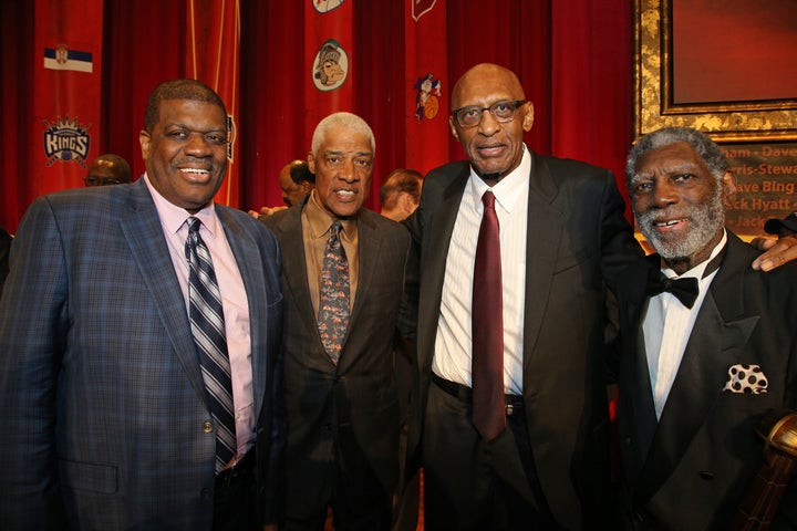 Bob Lanier (the tallest) with, from left, with fellow NBA greats Bernard King, Julius Erving and Al Attles at the 2019 Basketball Hall of Fame enshrinement ceremony.