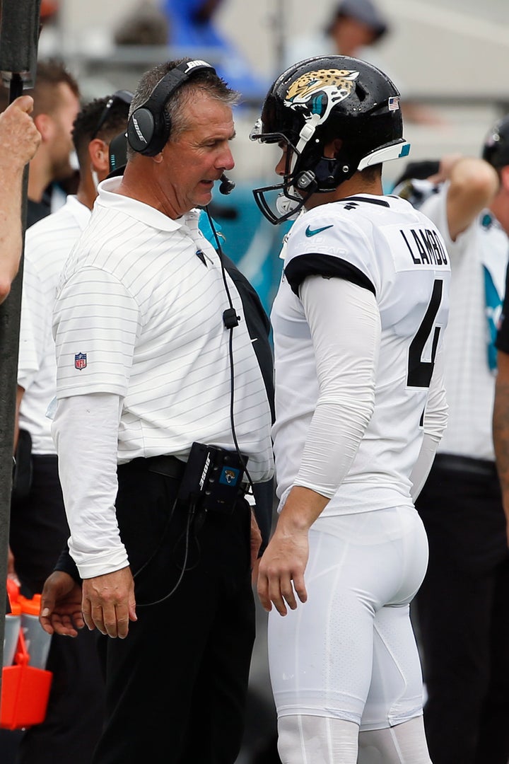 Josh Lambo gets an earful from Jacksonville Jaguars head coach Urban Meyer after missing a field goal last season.