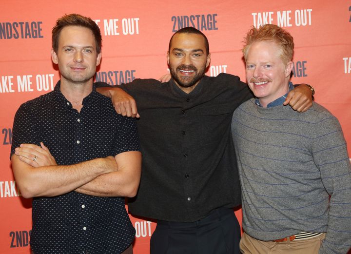 Patrick J. Adams, Jesse Williams and Jesse Tyler Ferguson pose at a photo call for the Second Stage play "Take Me Out" on March 11, 2020, in New York City.
