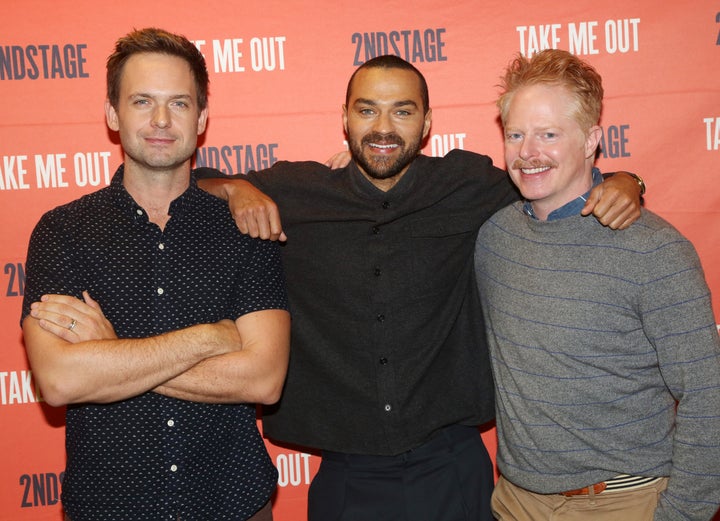 Patrick J. Adams, Jesse Williams and Jesse Tyler Ferguson pose at a photo call for the Second Stage play "Take Me Out" on March 11, 2020, in New York City.