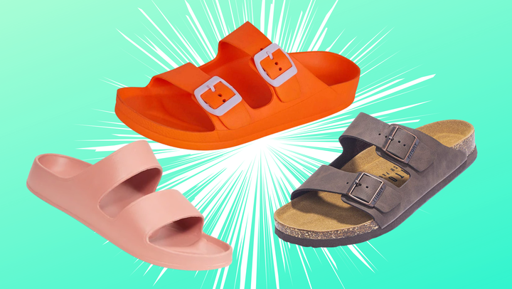 From left to right: Old Navy slides, EVA slides from Amazon and suede slides from Amazon