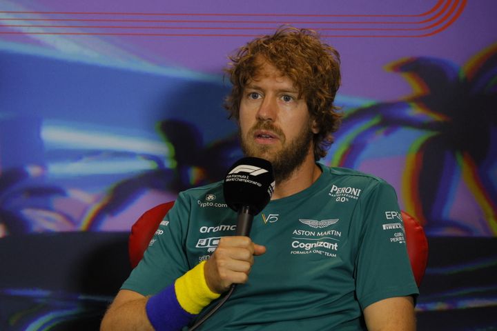 German driver Sebastian Vettel of Aston Martin Aramco Cognizant speaks during a news conference ahead of the Grand Prix of Miami.