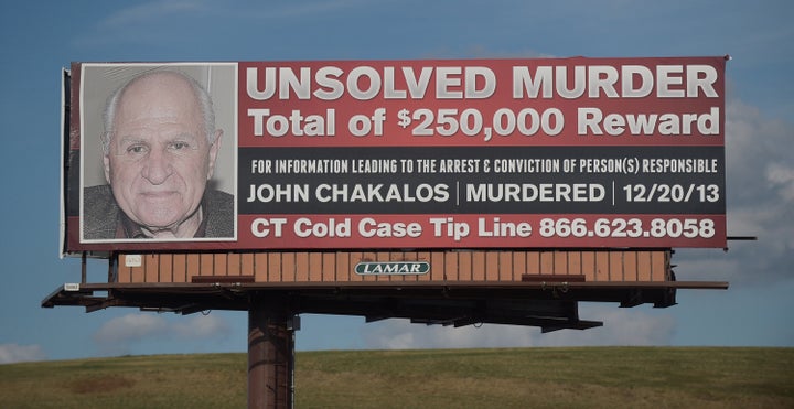 Prosecutors have alleged that Carman also fatally shot his grandfather, John Chakalos, to obtain inheritance money in 2013. A billboard in Hartford, Connecticut, is seen offering a reward for the arrest and conviction of the person or persons responsible.