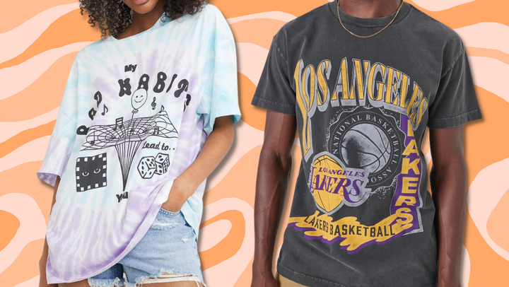 A women's Ed Sheeran graphic tee and men's Los Angeles Lakers graphic tee.