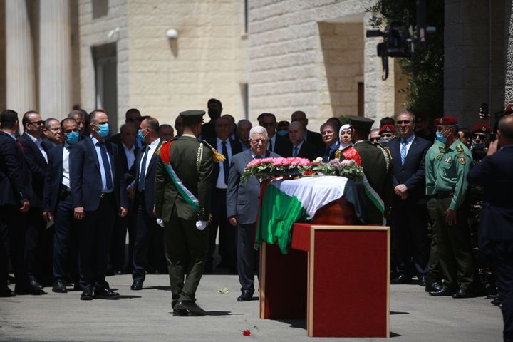 Palestinian President Mahmoud Abbas attends the funeral procession of veteran Al Jazeera journalist Shireen Abu Akleh at the Palestinian presidency headquarters in Ramallah, West Bank on May 12, 2022. Abu Akleh, 51, was shot dead while covering an Israeli raid in Jenin.