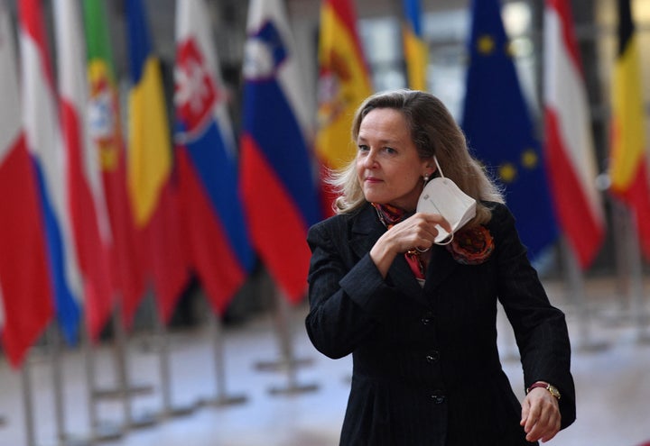 Spain's Economy and Business Minister Nadia Calvino arrives for a Eurogroup meeting at the EU headquarters in Brussels on March 14, 2022. (Photo by John THYS / AFP) (Photo by JOHN THYS/AFP via Getty Images)