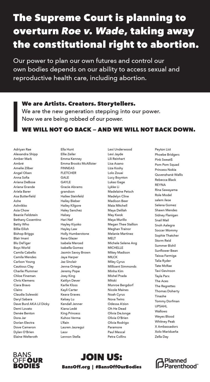 Ariana Grande, Billie Eilish, Kendall Jenner and 100 stars get a page in the New York Times to defend the right to abortion