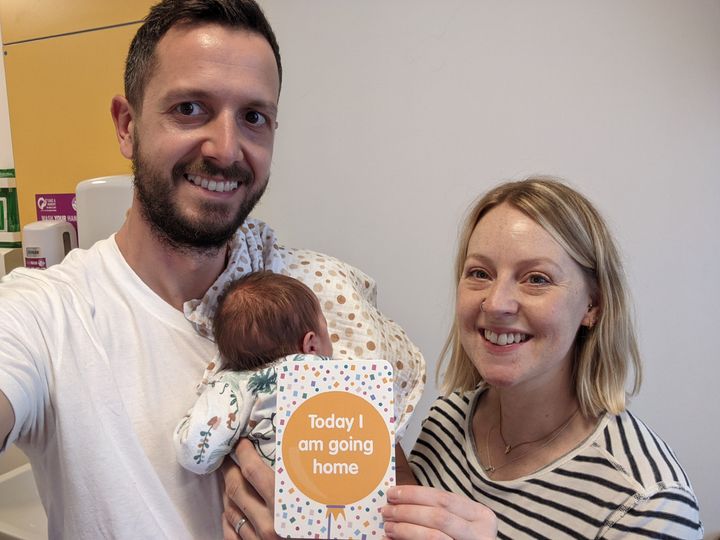 Writer Charlie Bond with her husband Jamie and son Seb, who returned home after almost a month in NICU. 