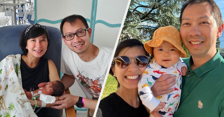 Dianne and Min Wei and their daughter, Maiya, in hospital and after discharge.